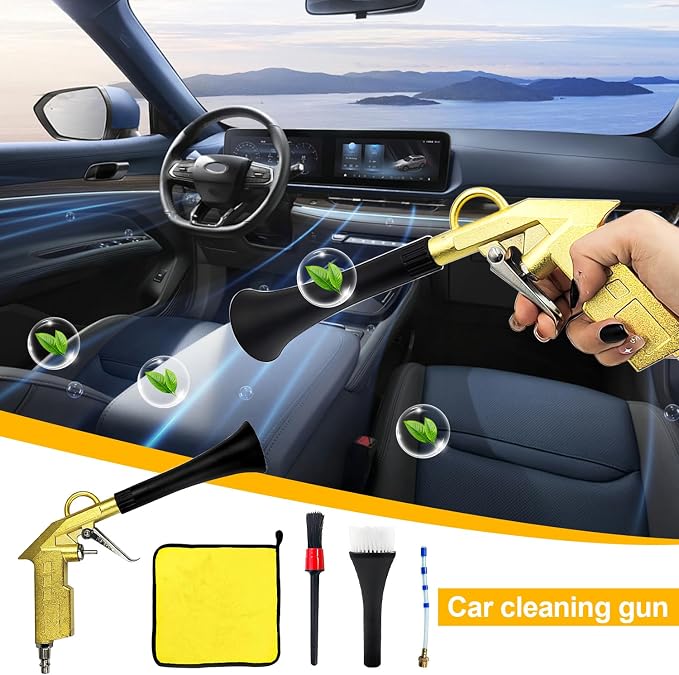 5-Piece Car Detailing Kit Air Blaster Mini Air Gun for Car Detailing, Air Compressor Blower Gun with 2 Pcs Brushes, Aluminum Alloy Dry Cleaning Gun with Detail Tool Attachments, for Car Detailing