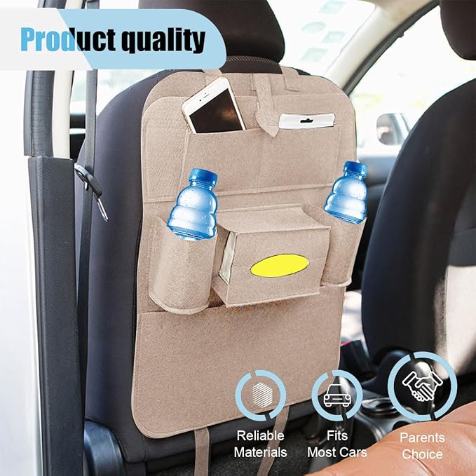 LAINLOY Felt Car Seat Back Organizer, Kick Mats Car Back Seat Protector for Kids, 6-Pocket Storage for Tissue, Box, Pen, Toy, Automobile Road Trip Accessories for SUV, RV, Truck (Beige)