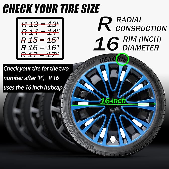Hubcap Wheel Cover Replacement R16 Hub Caps Universal-Fit Steel Wheel Rim Cover ABS Material Exterior Accessories for Car Truck SUV -Set of 4（16-inch，Blue-Black）