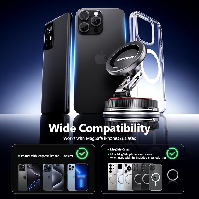 for MagSafe Car Mount [2-Axis Design] Nano Adhesive Gel + Suction Cup Magnetic Phone Holder for Dashboard & Windshield, 360° Adjustable for iPhone 17 16 15 14 13 12 11, Samsung, Matte Black