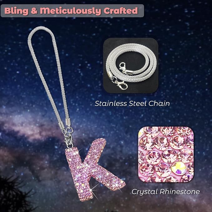 Bling Pink Car Accessories for Women Letter Charm, Rainbow Color Rear View Mirror Cute Crystal Pendant Car Decorations, Lucky Gifts Girly Diamond Rhinestone Charm Letter K
