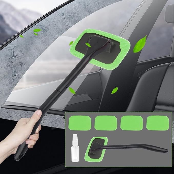 Car Window Cleaner Tool Kit,Microfiber Car Windshield Cleaner Inside with 4PCS Soft Reusable Cloth Cover,Universal Removable Car Glass Cleaner Tool Kit Car Cleaning Tools