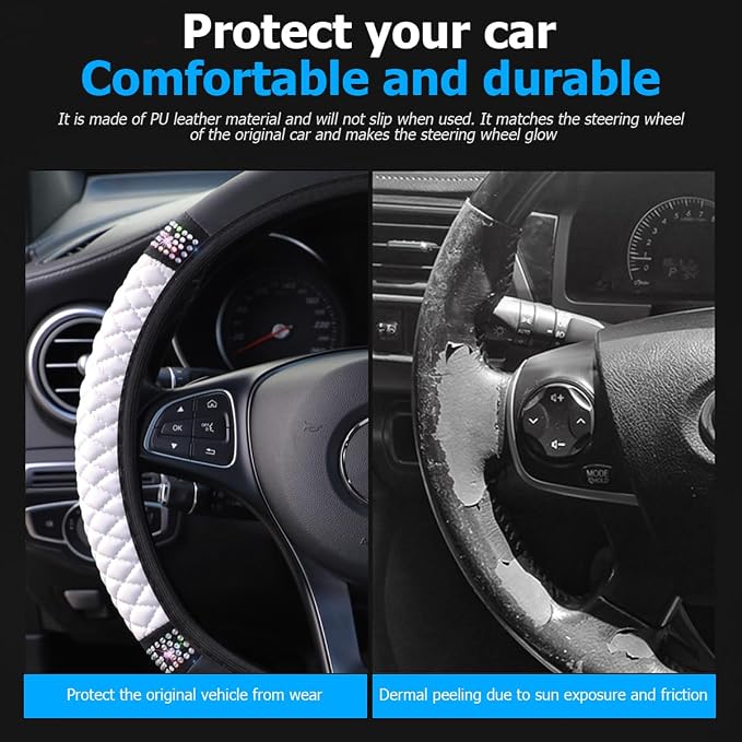 Bling Car Steering Wheel Cover, 15 Inch Rhinestones Soft Leather Elastic Steering Wheel Protector, Sparkly Crystal Diamond for Women Girls (White)