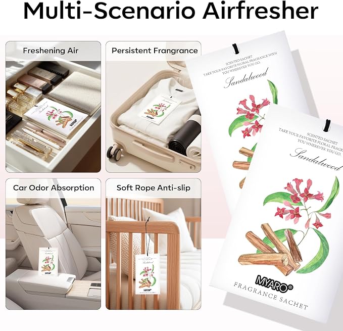 12 Pack Sandalwood Scented Sachets for Drawer, Closet & Small Spaces Air Freshener Bags, Odor Eliminator for Clothes, Car, Wardrobe, Home Fragrance Gift Set