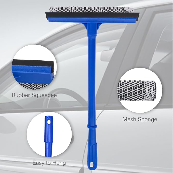 2-in-1 Car Window Cleaner, Multi-Use Car Windshield Cleaning Tool, with 15.9" Handle, 8" Soft Rubber Blade & Highly Absorbent Sponge, Home, Car, Glass, Shower, Outdoor Window Cleaning