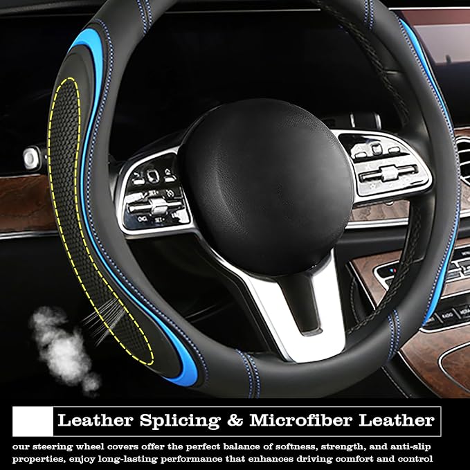 Leather Splicing Black Blue Car Steering Wheel Cover,14.5-15 Inch Universal Microfiber Leather Covers Breathable Anti-Slip Odorless Steering Wheels Accessories for Men Women