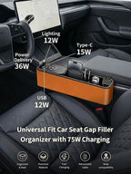 75W Retractable Car Charger with Car Seat Gap Filler – 4 in1 Fast Charging Car Adapter, Built-in 36W PD USB C Cable & Storage Organizer for Phone/Sunglasses/Cards – No More Lost Items
