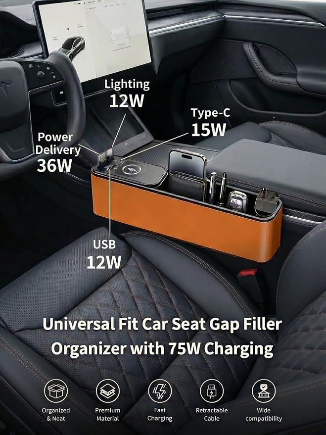 75W Retractable Car Charger with Car Seat Gap Filler – 4 in1 Fast Charging Car Adapter, Built-in 36W PD USB C Cable & Storage Organizer for Phone/Sunglasses/Cards – No More Lost Items