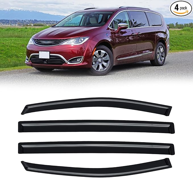Rain Guards for 2017-2026 Chrysler Pacifica, Out-Channel Window Visor Shields Vent Deflector Shade Wind Dark Smoke 2018 2019 2020 2021 2022 2023 2024 18 19 20 21 22 23 24, Tape-On Outside-Mount, 4PCS
