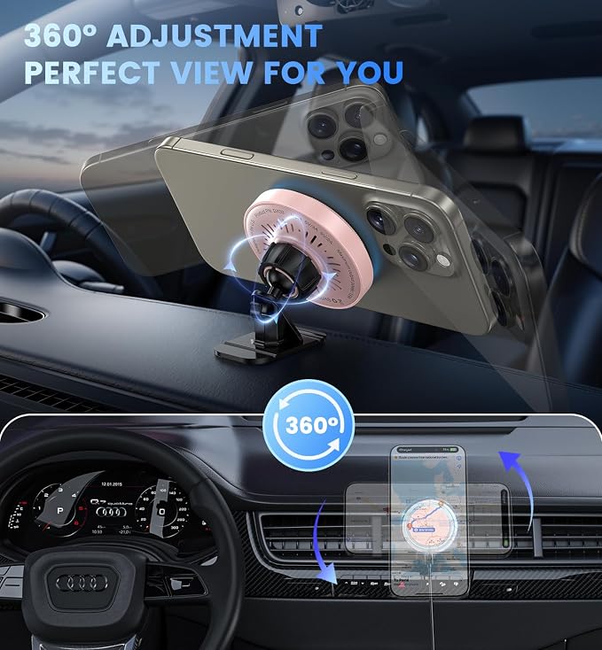 Magnetic Car Charger Mount 15W for iPhone 17-12 Pro Max | N52 Strong Magnets, 360° Rotation, Dashboard & Vent Mount, Compatible with Magnetic Cases, Gift for Women, Pink/Black