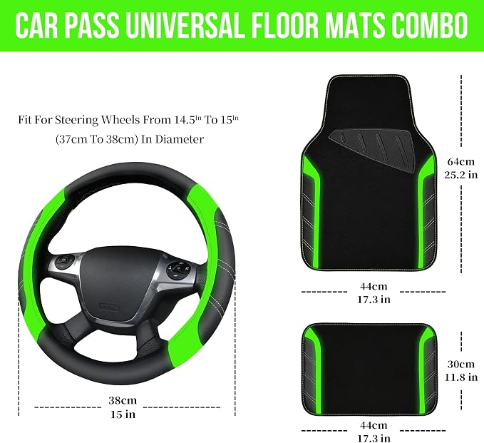 Leather Steering Wheel Cover and Waterproof Car Floor Mats,Microfiber Universal Car Combo Fit for 95% Sedan,SUV,Cars,14.5-15inch Sporty Anti-Slip Comfortable Design(Black＆Fluorescence Green)