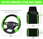 Leather Steering Wheel Cover and Waterproof Car Floor Mats,Microfiber Universal Car Combo Fit for 95% Sedan,SUV,Cars,14.5-15inch Sporty Anti-Slip Comfortable Design(Black＆Fluorescence Green)