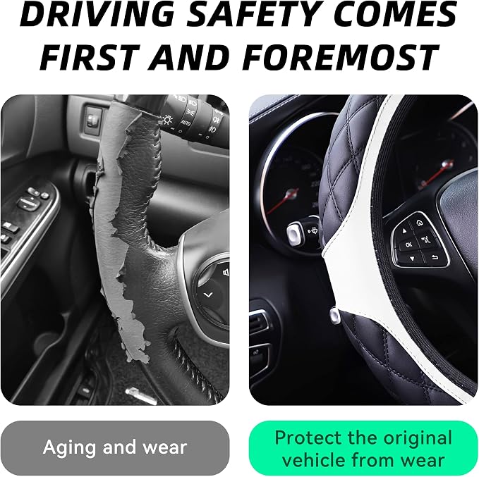15 Inch Car Leather Steering Wheel Cover, Automotive Accessories Elastic Breathable Anti-Slip Soft Wheel Protector Fits Men and Women, Suitable for SUVs, Trucks, Vehicles and RVs (White)