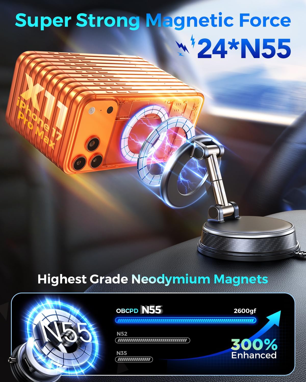 Vacuum Magnetic Car Phone Holder — 85 lb Suction & MagSafe