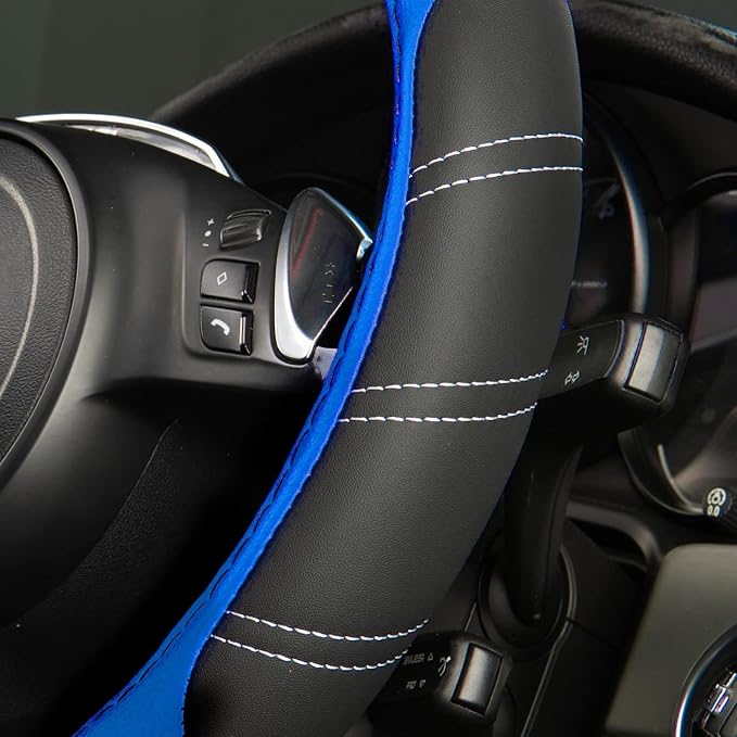 Line Rider Microfiber Leather Sporty Steering Wheel Cover Universal Fits for 95% Truck,SUV,Cars,14.5-15inch Anti-Slip Safety Comfortable Desgin (Black-Blue)