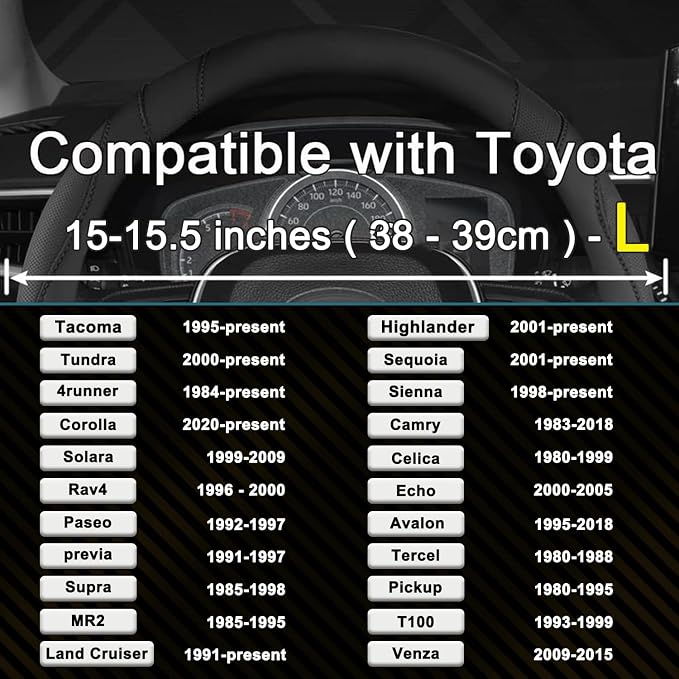 Customized Auto Car Steering Wheel Cover for Toyota Tundra Tacoma 4runner 15-15.5inches (Black-Large Size)