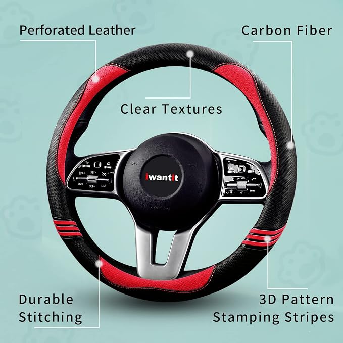 Premium Grip Steering Wheel Cover with Anti-Slip Rubber Ring, Made of Carbon Fiber & Breathable PU Leather, Universal Fit for 14.5-15 Inch Car and SUV (Passion Red)