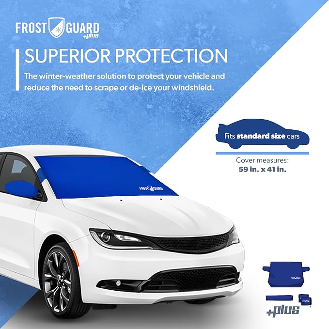 Plus | Winter Windshield Cover for Ice and Snow, Standard Size (Indigo) - Built-in Security Panels, Wiper Blade Coverage + Mirror Covers - Fits Standard Size Cars, 59 x 41 Inches