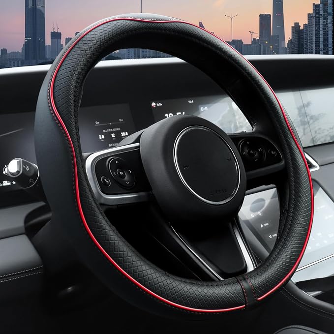 Car Steering Wheel Cover, Microfiber Leather Steering Wheel Covers with Anti-Slip Lining, Universal 14.5-15 inchs Black with Red line