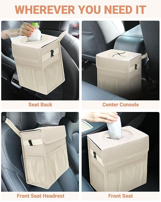 Car Trash Can with Lid, Leakproof Car Trash Bag Hanging Waterproof Automotive Garbage Can with Storage Pockets Mini Vehicle Trash Bin for Back/Front Seat(Beige,4 Gallon)