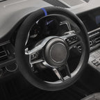 Suede Steering Wheel Cover with Upgraded Silicone Inner Ring, Breathable, Anti-Slip, Leather Universal 14.5 to 15 Inch Steering Wheel Cover (Black with Blue Mark)