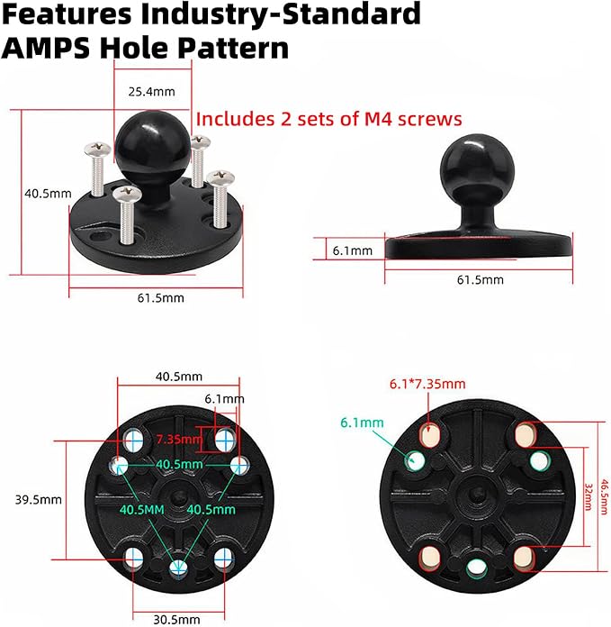 Aluminum 1" Ball Fish Finder Mount for Garmin Striker 4 / Plus 4 / Vivid 4cv, AMPS Hole Round Plates for RAM Mounts/GPS/Boats/Vehicle, T-Bolt Attachment for Track Systems, Lowrance, Humminbird