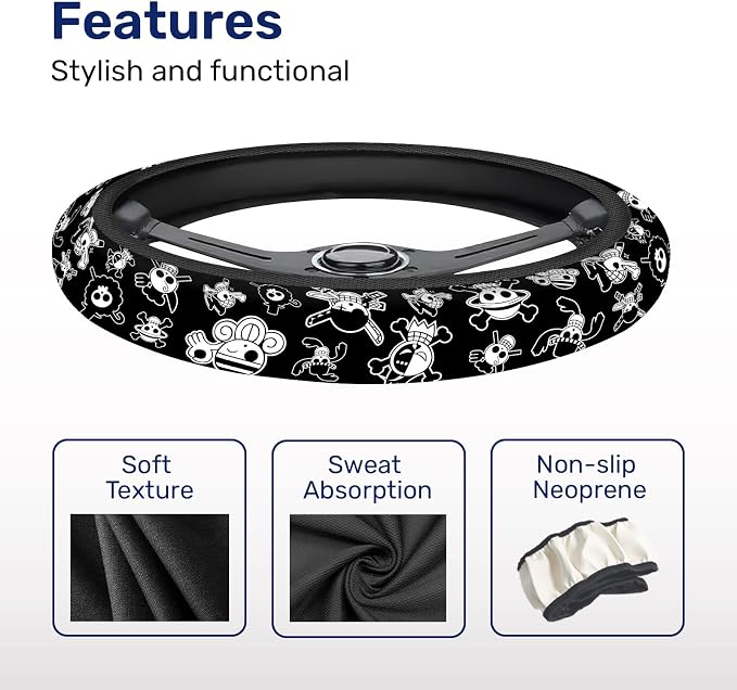 Black Pirate Cartoon Steering Wheel Cover, Polyester Car Wheel Grip, Universal 15 Inch for Cars SUVs Trucks