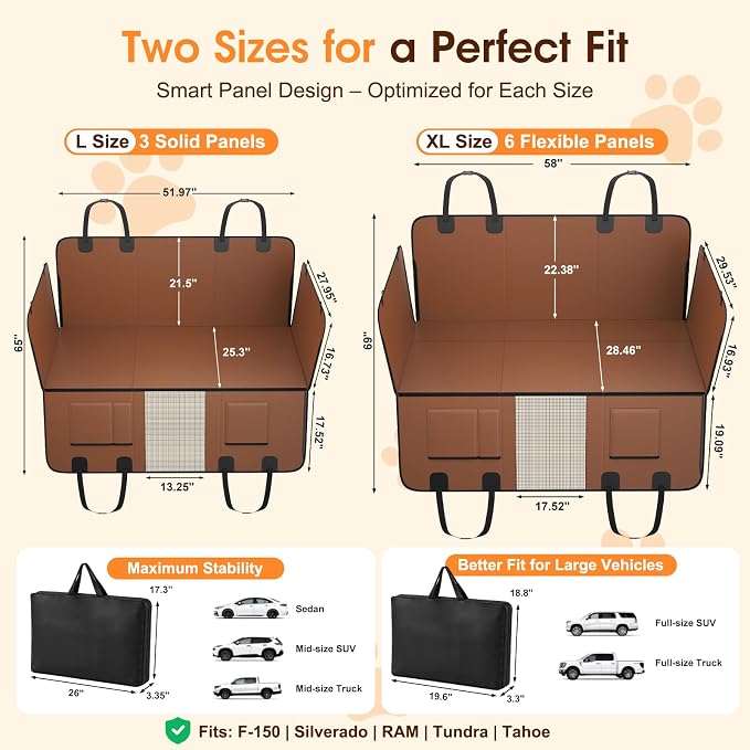 Hard Bottom Dog Car Seat Cover for Back Seat, 52"x65" Waterproof PU Leather Hammock with Side Flaps, Non-Slip Heavy Duty Protector for SUVs & Mid-Size Trucks, Supports Up to 450 lbs – Brown