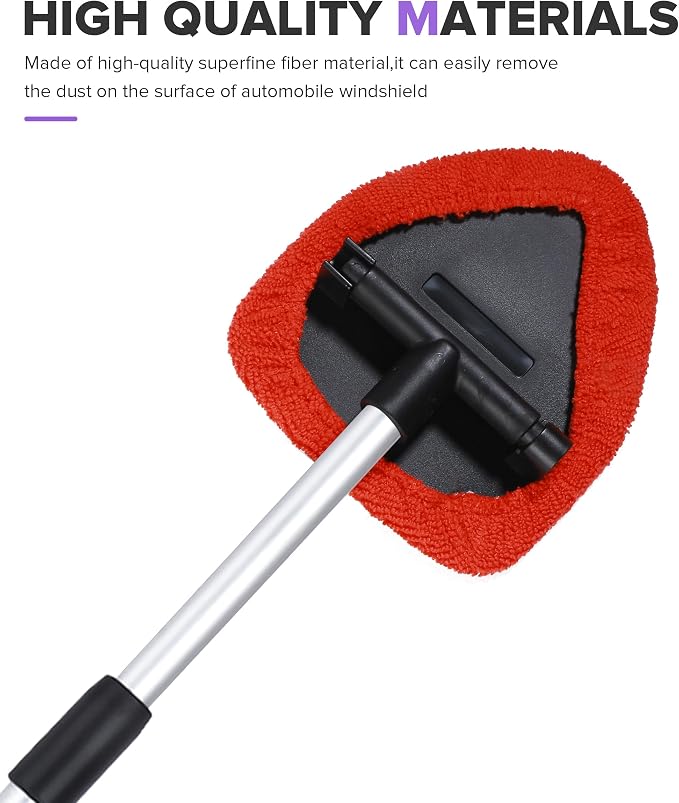 Windshield Cleaner Tool,Car Accessories,Automotive Tool Car Window Cleaner with Extendable Long Handle and 4 Washable Reusable Microfiber Pads,Suitable for Most Cars,SUVs,Trucks,Jeeps (Red)