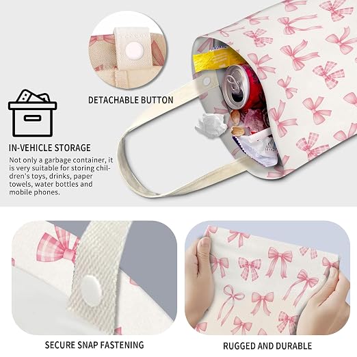 Cute Car Trash Can, Hanging Canvas Car Back Seat Organizer and Storage Bag, Funny Car Trash Bag for Travelling, Outdoor Cute Pink Bow