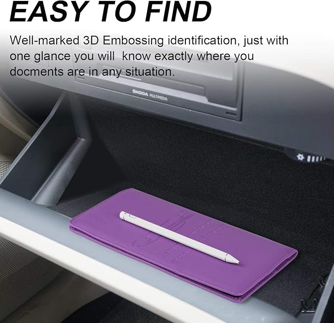 Car Registration and Insurance Card Holder, Vehicle Glove Box Car Organizer Women Car Accessories with Magnetic Shut for Cards, Essential Document, Driver License, Purple