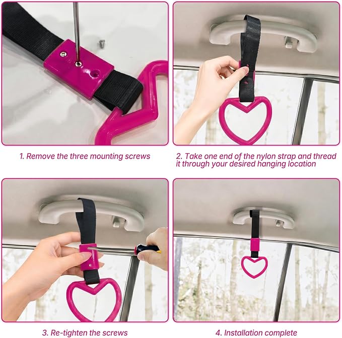 2 Pcs Heart Shaped Car Handle Strap – JD M Drift Charm Rear Bumper Warning Ring Decor for Car Interior Exterior, Subway Bus Handle Accessory, Cute Heart Car Decor Gift for Drivers (Hot Pink)