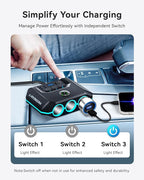 7-in-1 Cigarette Lighter Splitter, 120W Car Charger Adapter with 3 Sockets & Independent Switches, 4 USB Ports (USB-A/USB-C), LED Voltage Display, UL Certified, Built-in Fuse + Spare Fuse