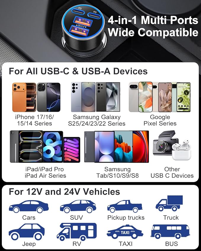 USB C Car Charger, 3 Pack 90W 4-Port Dual 45W Super Fast Car Phone Charger PD/QC 3.0 Fast Charging 12V Cigarette Lighter Adapter Plug for iPhone 17 16e 15 14 Pro Max, Galaxy S26 S25, Android