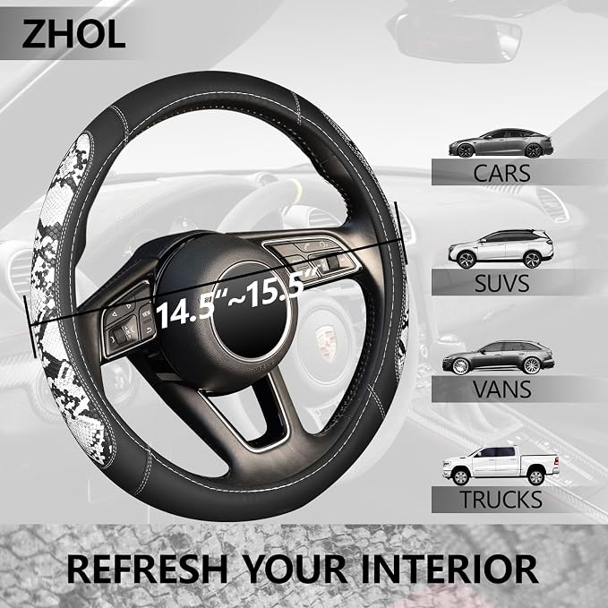 Snake Skin Leather Steering Wheel Cover,Black and White Animal Fur Car Accessory Steering Wheel Cover,Universal 14.5-15inch,Anti-Slip Car Steering Wheel Protector for Women Men