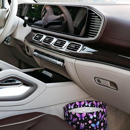 Car Trash Bag Butterfly Purple Hanging Back of Seat Car Portable Trash Bag Butterfly Purple Waterproof One-Handed Portable Strap Drawstring Garbage Bags 2 Pieces Car Coasters