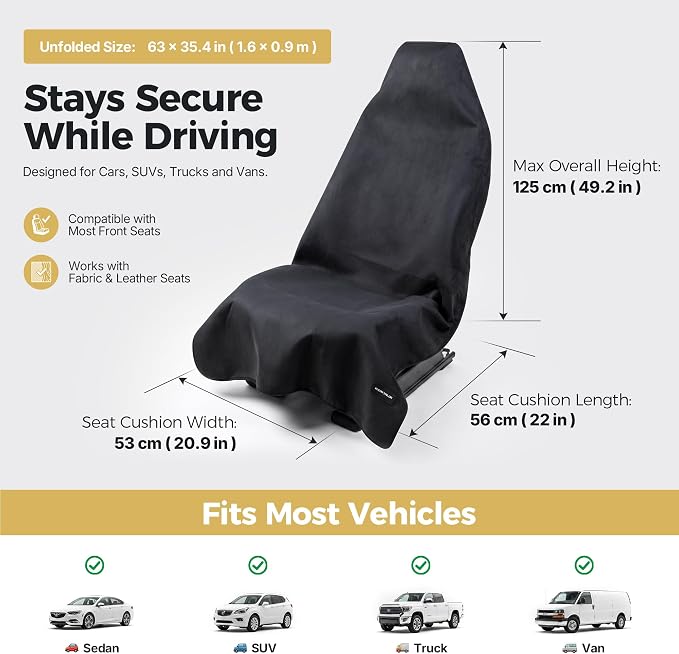 Car Seat Cover Protector, Waterproof Sweat Towel Seat Cover for Gym, Sports, Beach, Universal Front Seat Cover for Cars, Trucks, SUVs, Leather Seats(Black)