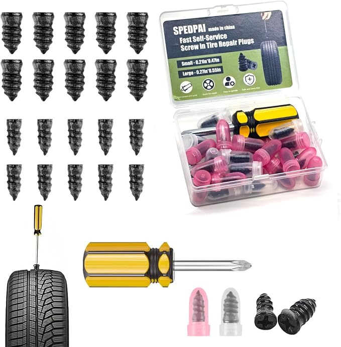 Tire Repair Rubber Nails Kit with 2 Sizes,2026 New Vacuum Screw Type Tire Plug Fast Tool with Screwdriver,Self-Service Screw in Tire Plugs Repair Tools for Car,Motorcycle,Truck,Bikes(20Pcs)