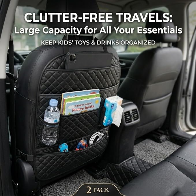 Car Seat Protector, Waterproof Oxford Backseat Kick Mat | 210D oxford cloth, waterproof & stain-resistant. Universal fit for cars & SUVs. Easy install, adjustable straps with pockets.