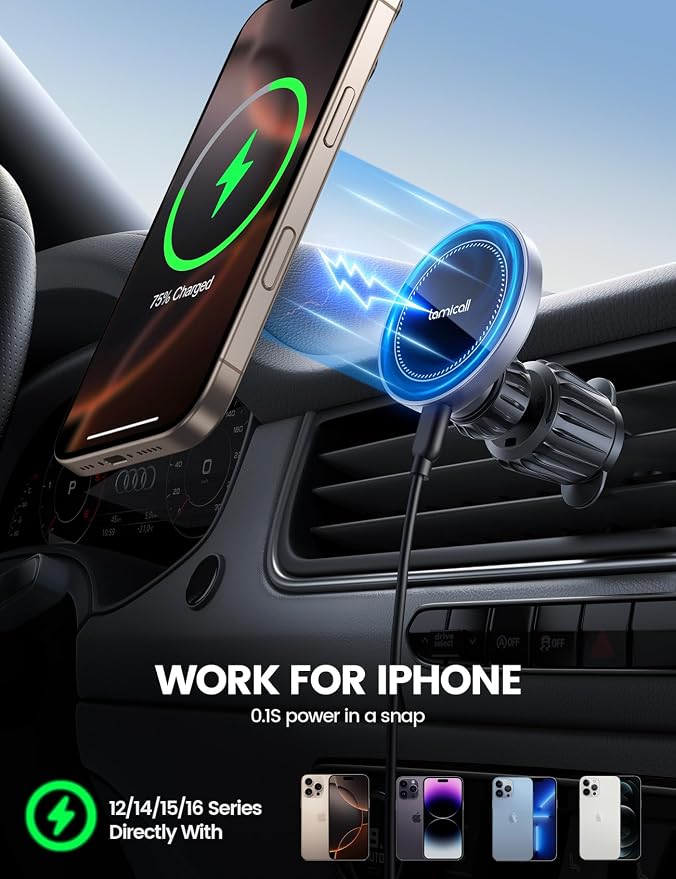 15W for MagSafe Car Mount Charger - [20X Strong Magnets] Wireless Car Phone Holder Charger, Magnetic Phone Holders for Car Vent Dash Accessories for Women Men for iPhone 17 Pro Max Silver