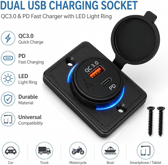 48W Dual USB Car Charger, QC3.0 & PD Fast Charging with LED Light Ring for Cars, RVs, Buses, Trucks – 12V-24V Vehicle USB Adapter