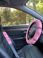 Handmade Crochet Pink Bow Car Steering Wheel Covers Universal 14-15 inch,Cute Steering Wheel Cover,Car Accessories (A: Wheel Cover+2Belt Cover)