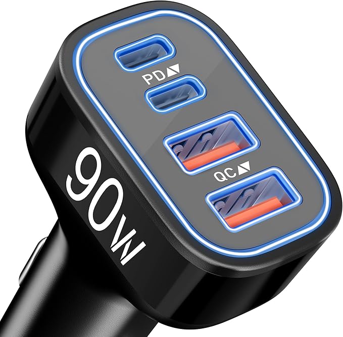 90W 4Port Fast USBC Car Phone Charger Cigarette Lighter USB Charger Adapter | PD/PPS/QC Super Fast Charging, 12-24V USB Outlet, Car Accessories for iPhone 17 16 15 Galaxy Android,Family Travel Essentials