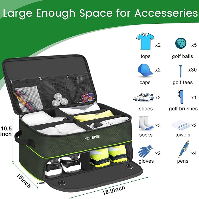 2 Layer Golf Trunk Organizer, Golf Gifts for Men with Separate Ventilated Compartment for 2 Pair Shoes, Waterproof Car Trunk Locker for Balls, Tees, Clothes, Gloves, Gifts for Golfers