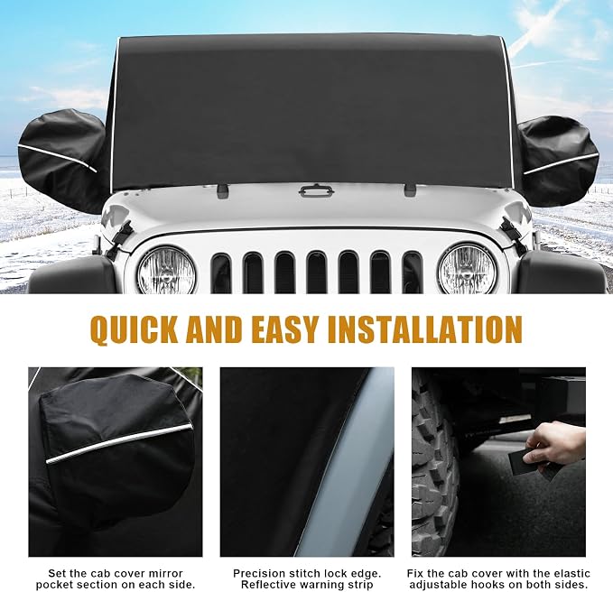 600D Cab Cover Windproof Sunshade Cover Compatible with Jeep Wrangler JK JL 2-Door 2007-2024, 6-Layer Protection Frost Wiper & Mirror Covers Protect from Sunshine, UV, Snow, Rain