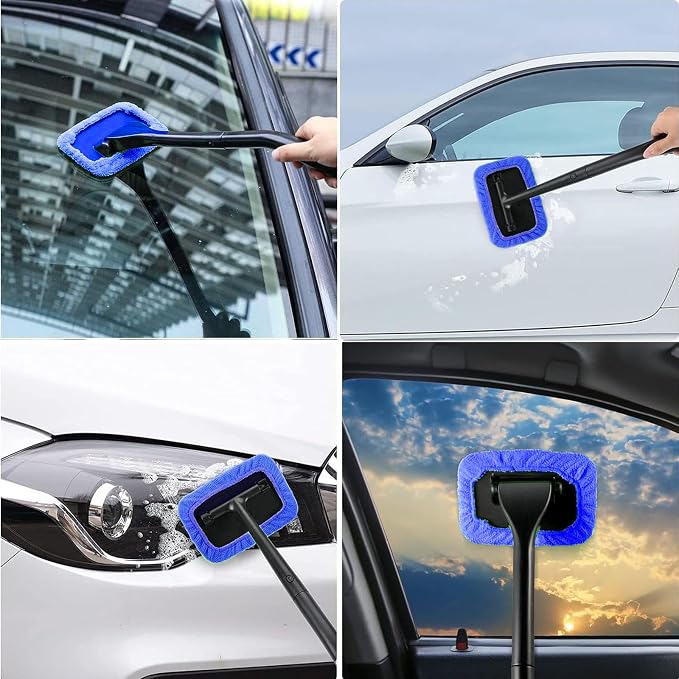 Car Windshield Cleaner Tool with Extendable Handle, Inside Auto Window Glass Cleaning Kit with 5 Washable Microfiber Pads, Streak-Free Defogger Wand for Deep Dashboards & SUVs