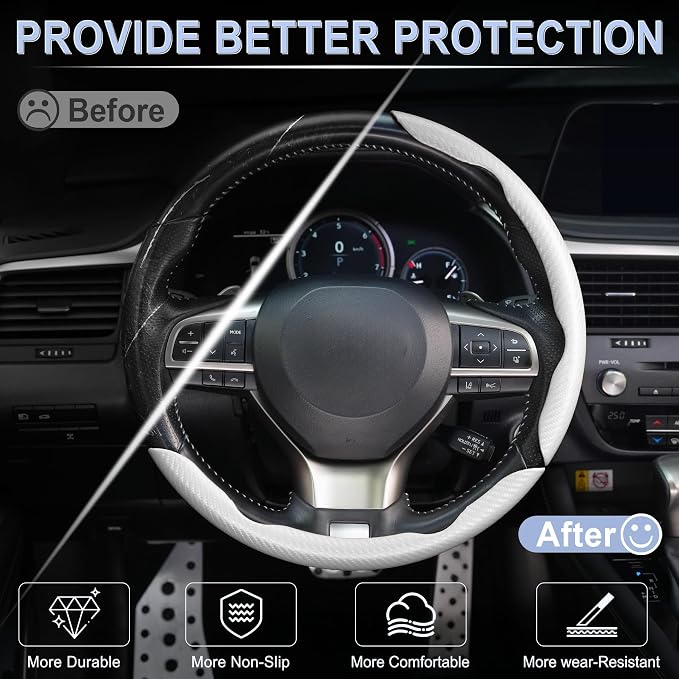 3pcs Carbon Fiber Anti-Skid Steering Wheel Cover, Waterproof & Segmented Butterfly Design, Universal 99% Vehicle Wheel Cover Protector, Car Interior Accessories (White-3pcs)