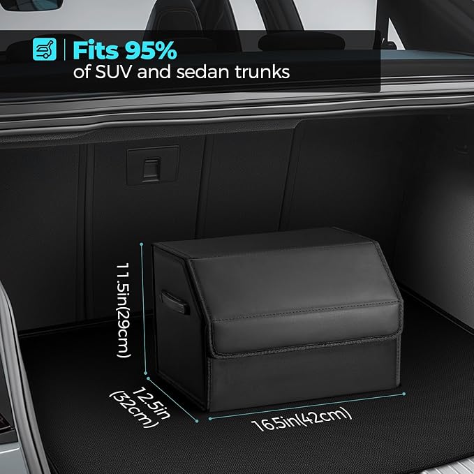 Car Trunk Organizer for SUV and Sedan, Black, 16.5 inches | Leather Storage Box, Magnetic Lid, Collapsible and Adjustable, Water‑Resistant & Dust‑Proof