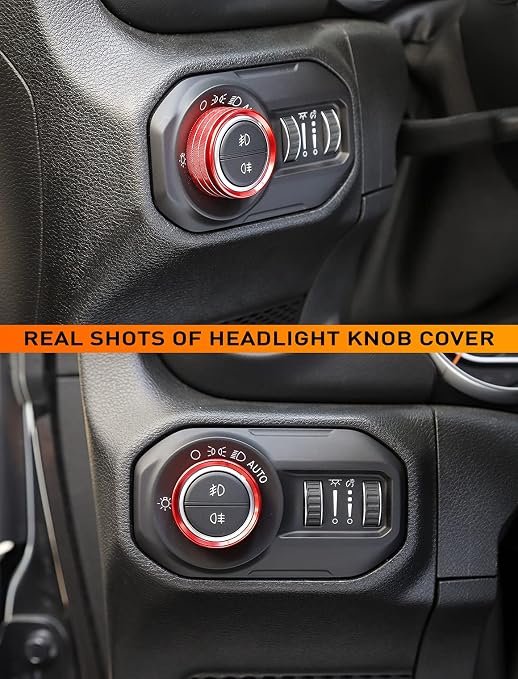HVAC Climate Control Panel Knob Trim Kit & Light Control Switch Cover, Air Conditioner Knob Aluminum Alloy Ring for 2018-2024 Jeep Wrangler JL JLU & Gladiator JT, Interior Accessories, red