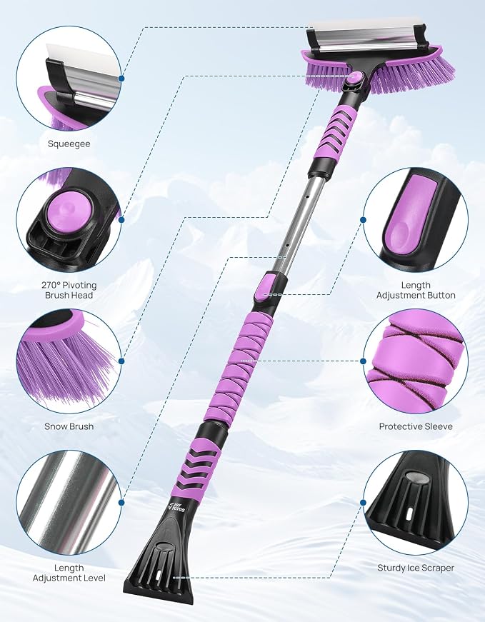 41.5IN Extendable Snow Brush and Ice Scraper, 270°Pivoting Snow Scraper Brush for Car Windshield, Telescoping Ice Scraper, Foam Grip, Heavy Duty Snow Remover for Cars, Trucks, SUV (Purple)